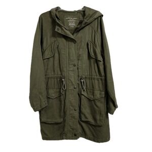 American Eagle Jacket Womens Med Green Utility Parka Hooded Lyocell Cinch Waist